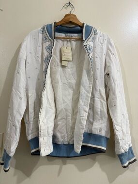 CONDITIONS APPLY White Embroidered Bomber Jacket with Light Blue Trim - Women
